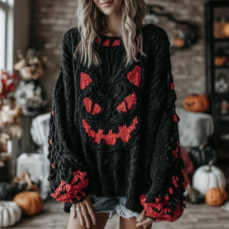 Halloween Black Smiley Face Contrast Knitted Cozy Sweater artswardrobe