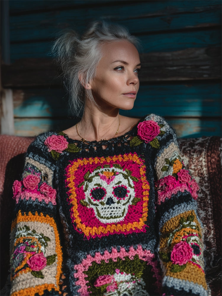 Day Of The Dead Sugar Skulls Roses Crochet Cozy Sweater artswardrobe
