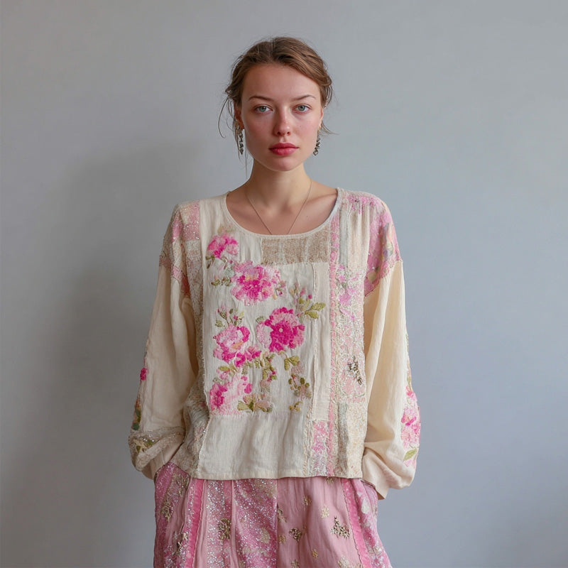 Comstylish Boho Pink Floral Embroidered Patchwork Linen Shirt