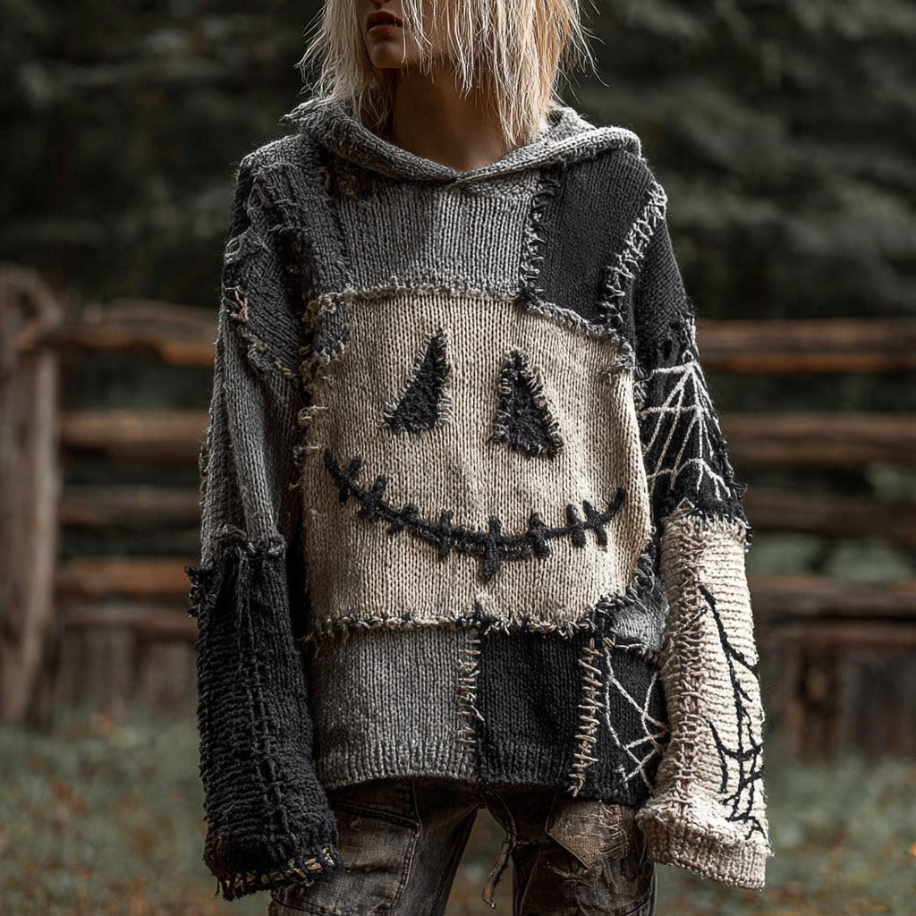 Halloween Spooky Face And Spider Web Patchwork Design Cozy Knit Hooded artswardrobe