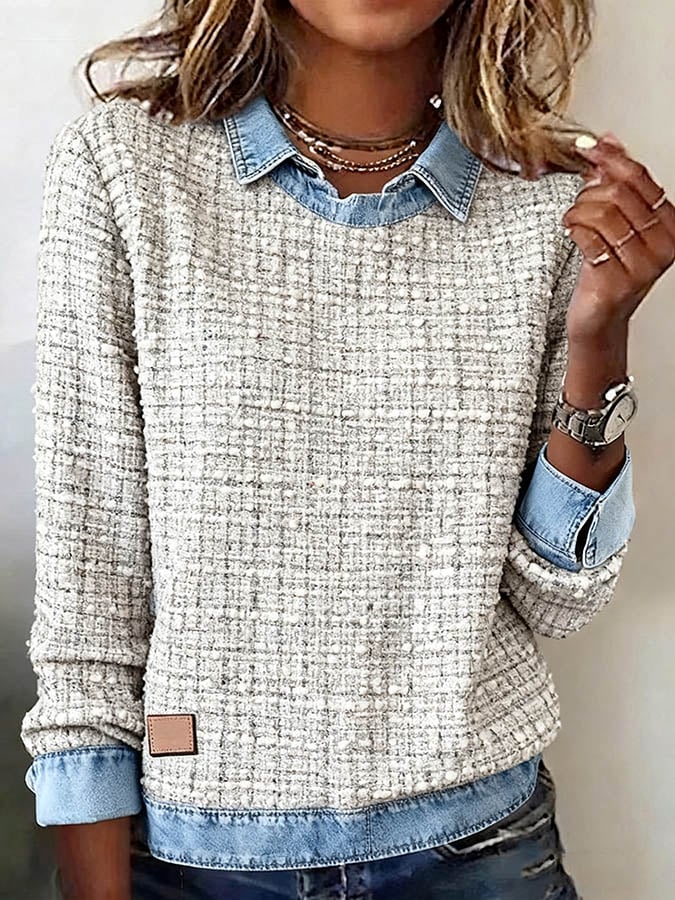 Women'S Solid Color Patchwork Denim Sweatshirt