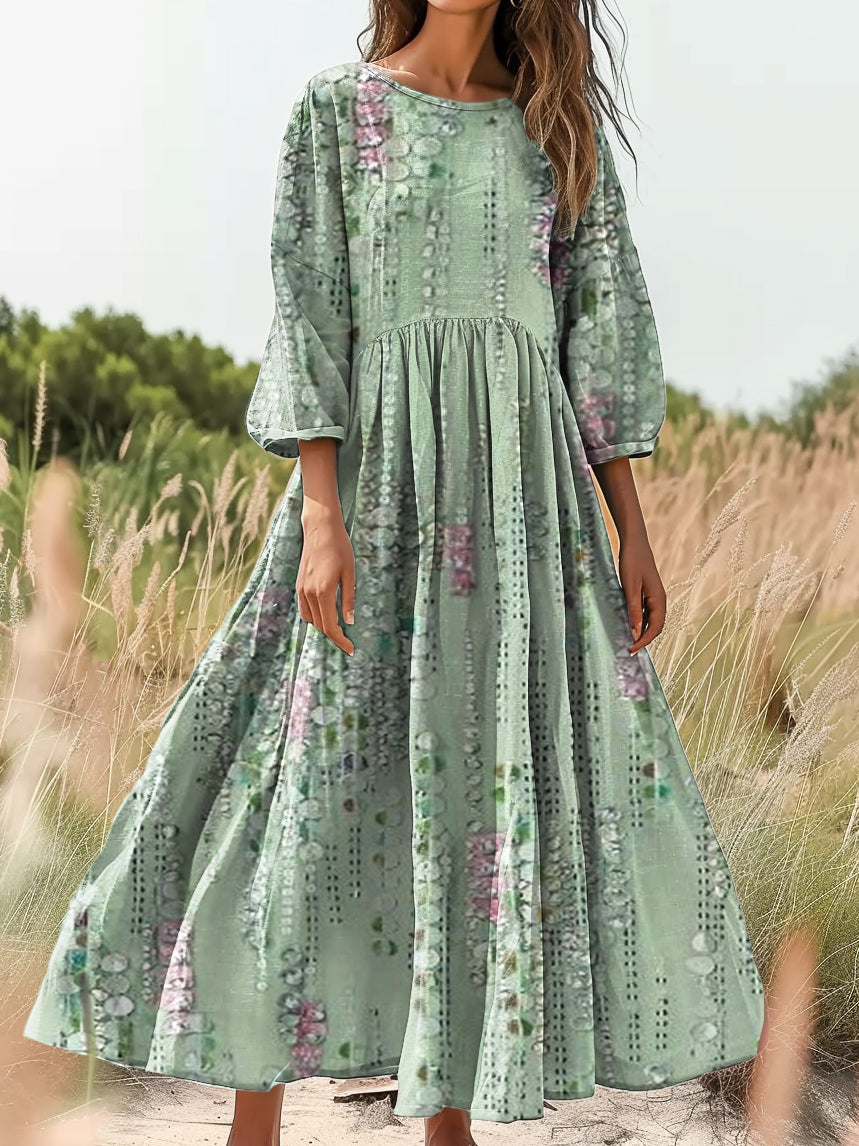 Women's Floral Texture Art Print Flowy Cotton Crew Neck Dress