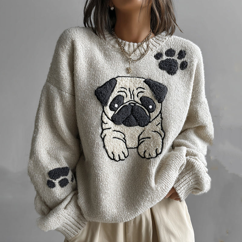 Lovely Cute Pug And Paws Embroidery Art Loose Cozy Knit Sweater artswardrobe