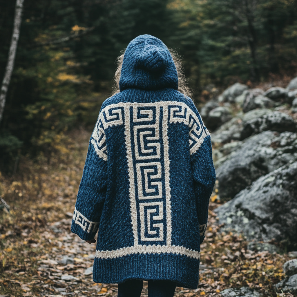 Women's Greek Art Inspired Jacquard Knit Cozy Hooded Cardigan artswardrobe