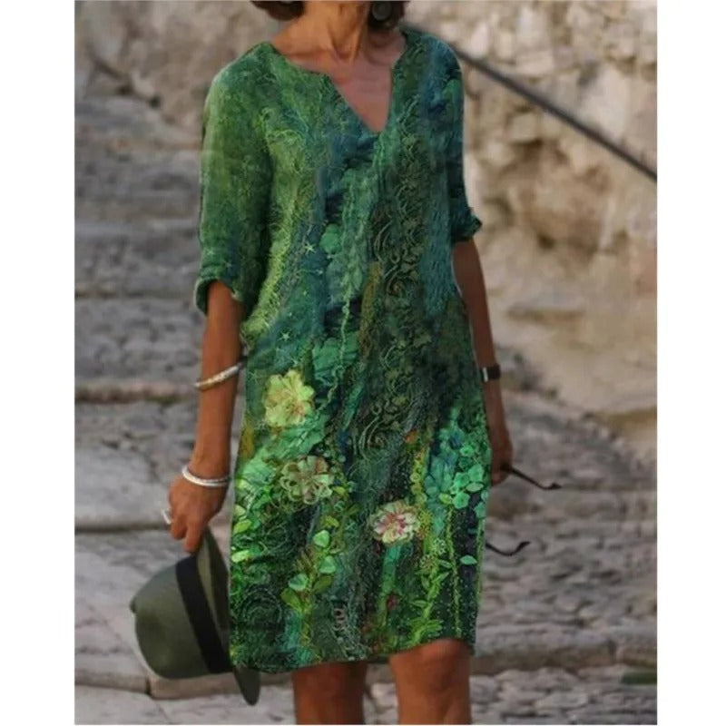 KS | Midi dress with V-neck and floral pattern