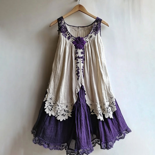 Vintage Violet Lace Floral Embroidery Art Tank Midi Dress artswardrobe