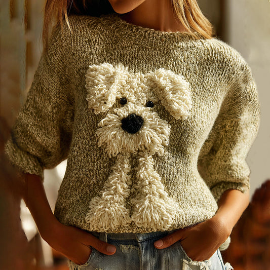 Comstylish Lovely Fuzzy Dog Embroidered Cozy Knit Sweater