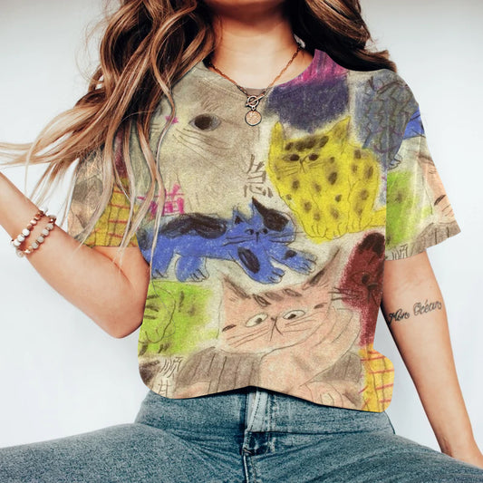 Comstylish Women's Retro Colorful Cat Print Washed T-shirt