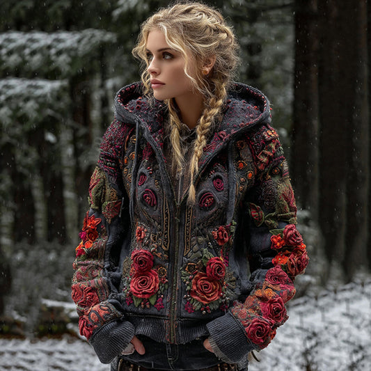 Women's Viking Rose Art Zipper Casual Pocket Hooded artswardrobe