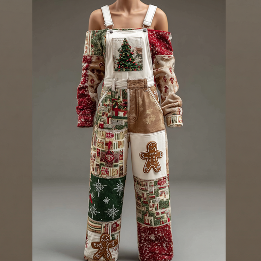 Comstylish Retro Christmas Elements Patch Printed Women's Overalls