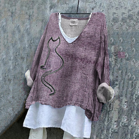 Women's Abstract Zipper Cat Art Cotton And Linen V-neck Shirt elevenforest