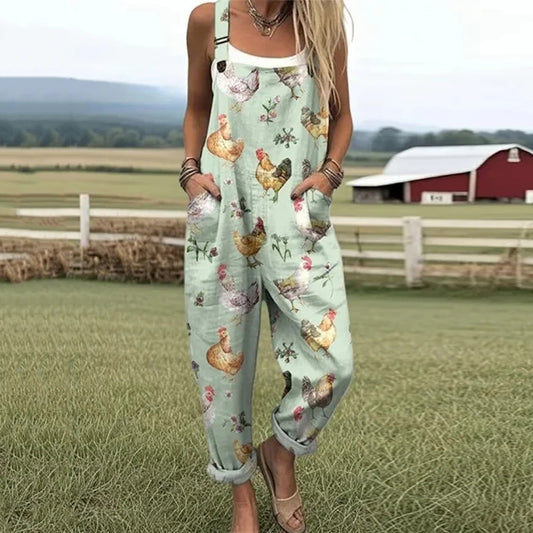 Women's Farm Chicken Print Casual Jumpsuit artswardrobe