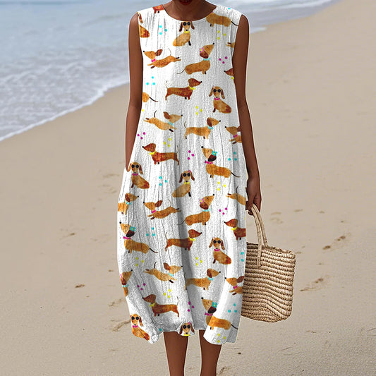 Comstylish Women's Dachshund Dog Art Print Linen Tank Midi Dress