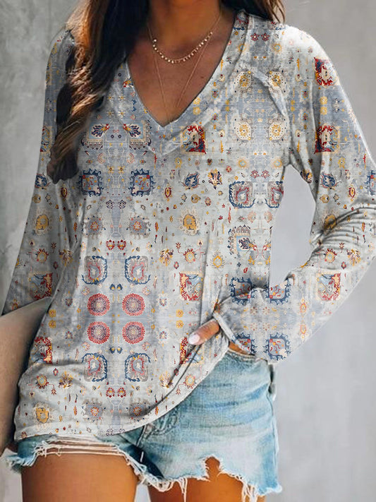 Women's Ethnic Tattoo Art Print V-Neck Long Sleeve Top