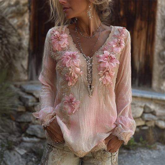 Vintage Flowers Lace Sequins Dyed Linen Tunic elevenforest