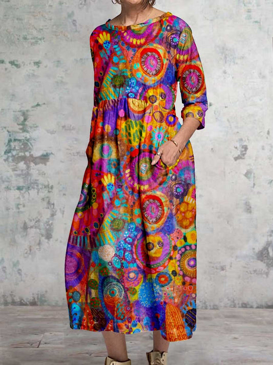 Women's Art Abstract Colorful Classic Round Neck Cotton and Linen Dress