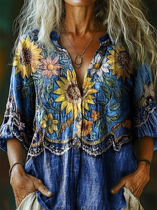 Women's Vintage Bohemian Floral Art Print Casual Cotton Linen Shirt