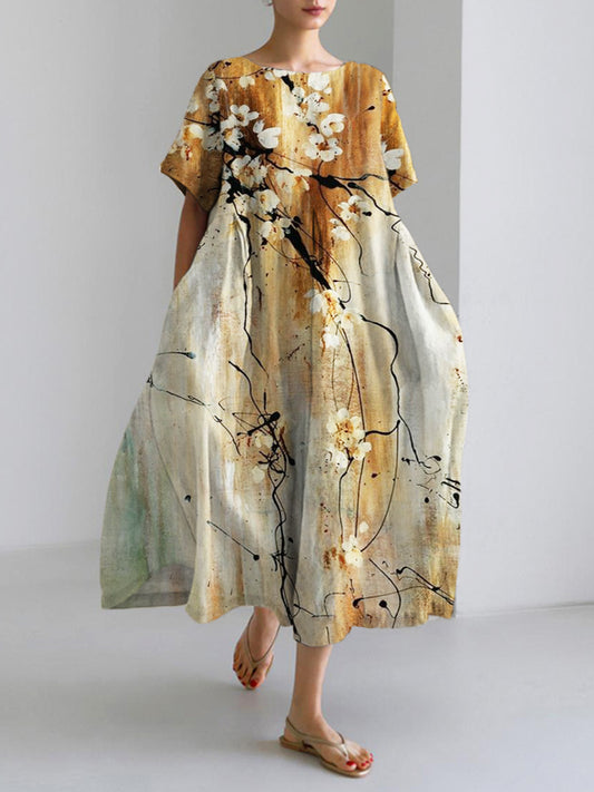 Comstylish Vintage Ink Flower Print Linen Maxi Dress
