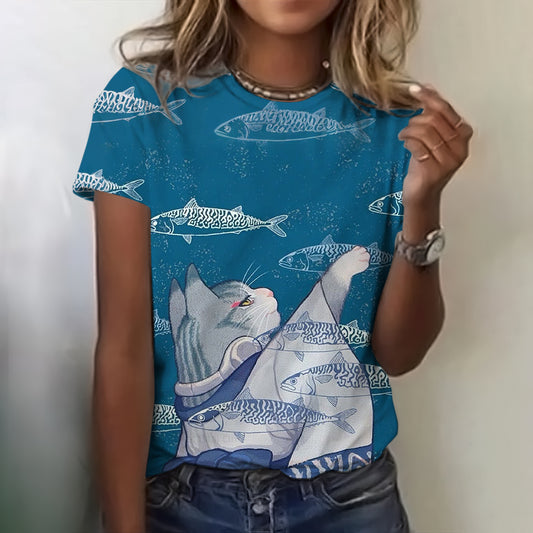 Funny Fish And Cat Wearing Kimono T-shirt elevenforest