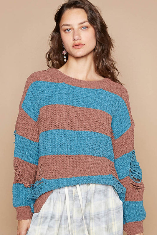 Julia® | Striped, long-sleeved sweater with a used look