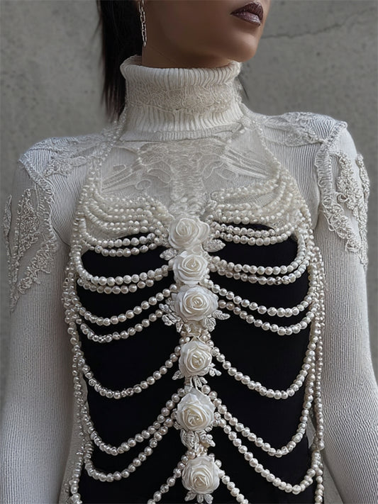 Classy Roses Skeleton Pearls Lace Embroidered Turtleneck Sweater artswardrobe