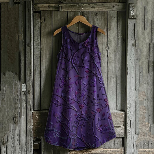 Women's Fashion Casual Retro Purple Floral Art Dress