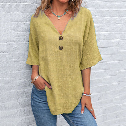 Women's Solid Color Button Linen V-neck T-shirt artswardrobe