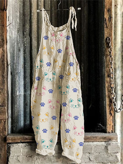 Cute Cat Embroidery Pattern Linen Blend Casual Jumpsuit elevenforest