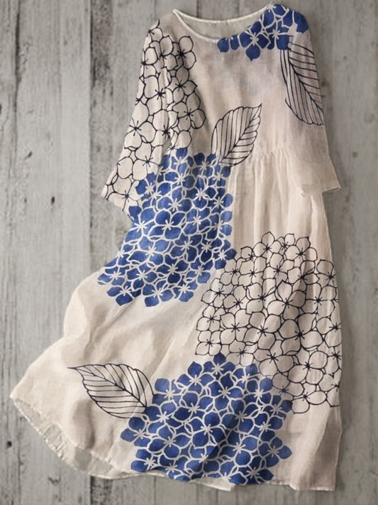 Comstylish Hydrangea Floral Japanese Art Linen Blend Flowy Dress