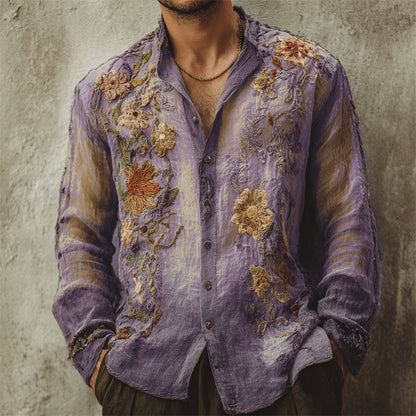 Men's Vintage Boho Floral Embroidered Flowy Linen Shirt artswardrobe