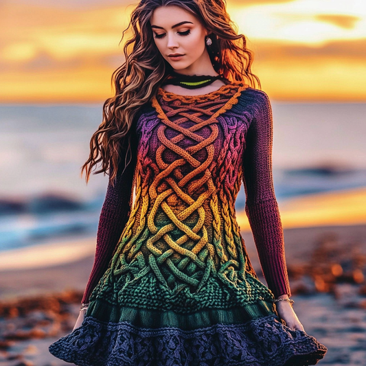 Women's Irish Rainbow Pattern Jacquard Comfortable Round Neck Swing Dress elevenforest