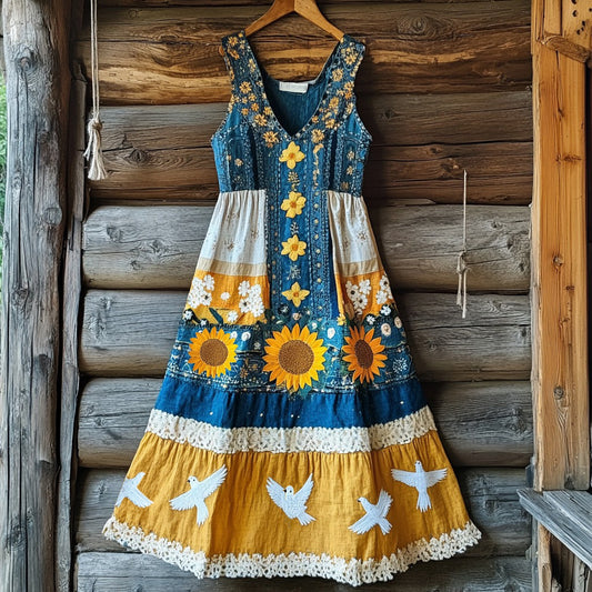 Women's Retro Dove Of Peace And Sunflower Design Tank Dress artswardrobe