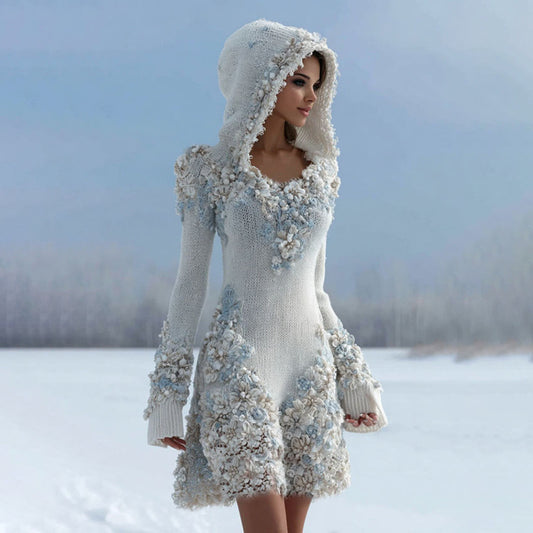 Women Floral Art Gradient Knitted Elegant Hooded Mini Skirt