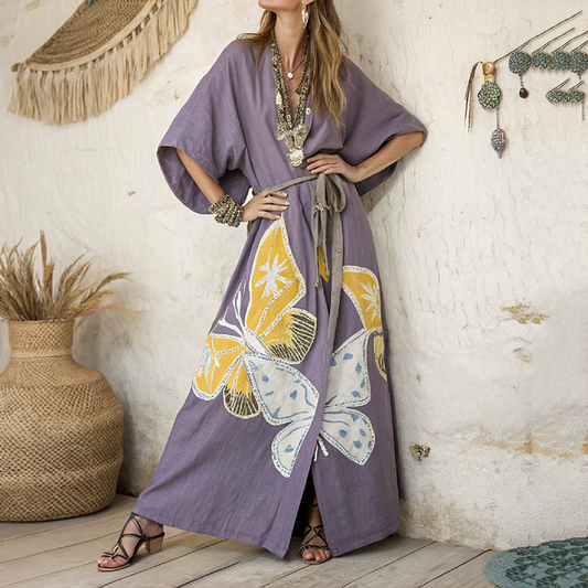 Women's Butterfly Art  Linen V-neck Robe artswardrobe