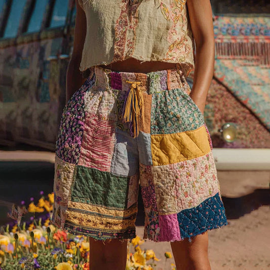 Countryside Style Collection Classy Patchwork Floral Pattern Art Linen Shorts artswardrobe