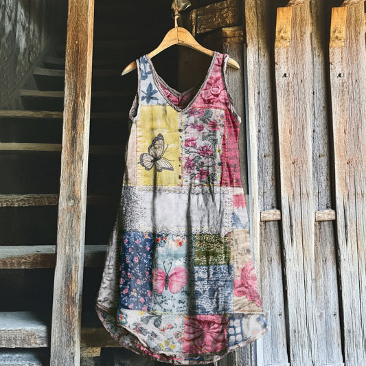 Vintage Bohemian Geometric Floral Art Linen Blend Tank Dress artswardrobe