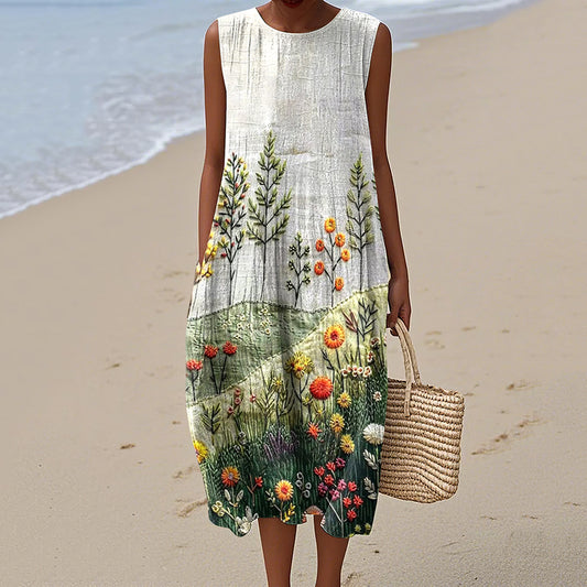 Vintage Loose  Hometown Rural Farm Floral Art Sleeveless Cotton And Linen Tank Dress artswardrobe