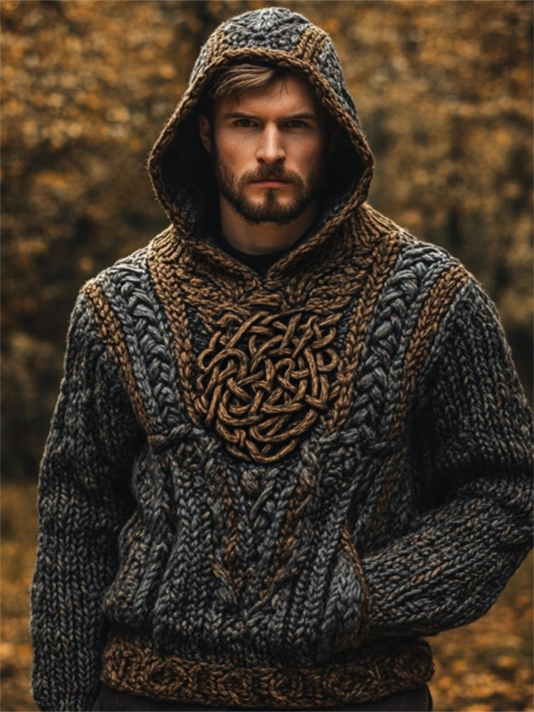 Men's Viking Medieval Celtic Contrast Chunky Hooded Sweater artswardrobe