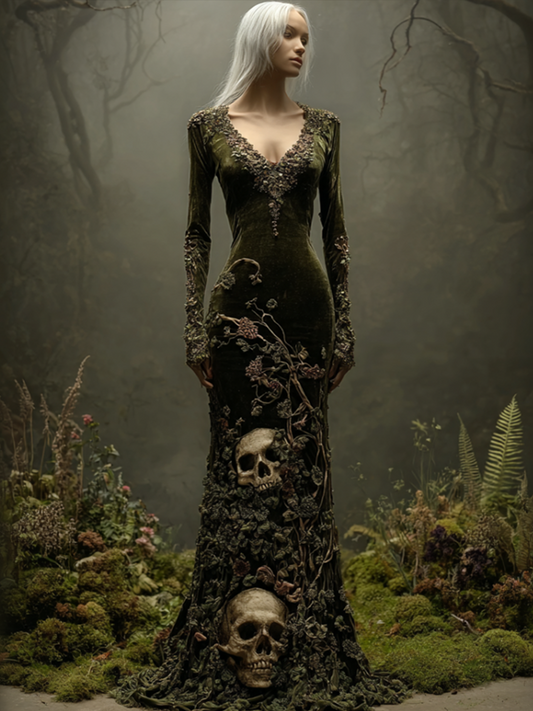 Comstylish Halloween Dark Forest Ladies V-neck Velvet Long Dress