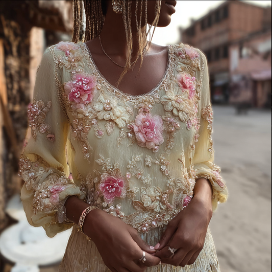 Comstylish Bohemian Style Plant And Flower Embroidery Women's Round Neck Long Sleeve Cotton And Linen Top