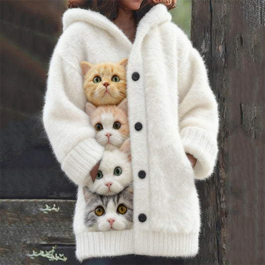 Comstylish Funny Fuzzy Cats Art Cozy Knit Hooded Cardigan