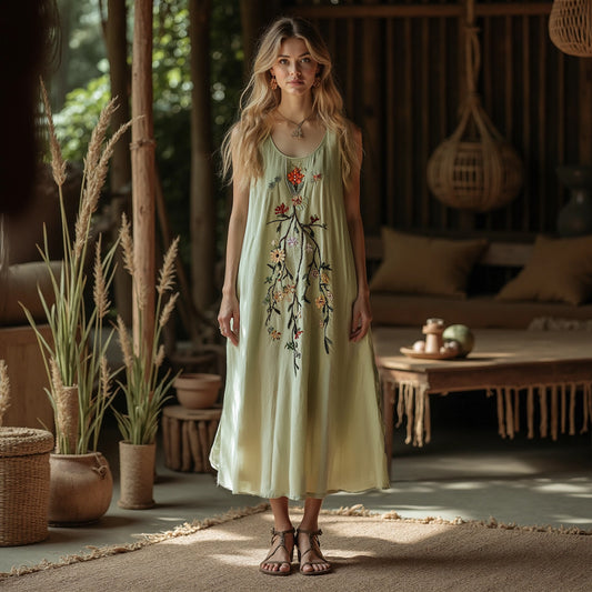 Women's Boho Floral Embroidery Art Sleeveless Dress artswardrobe