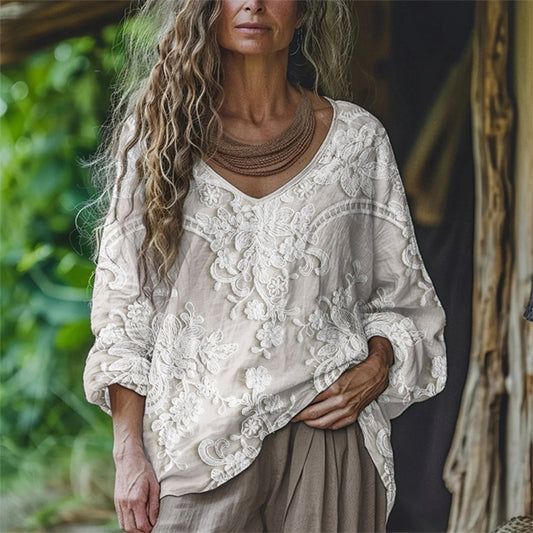 Boho Floral Embroidered Lace Flowy Linen Tunic artswardrobe