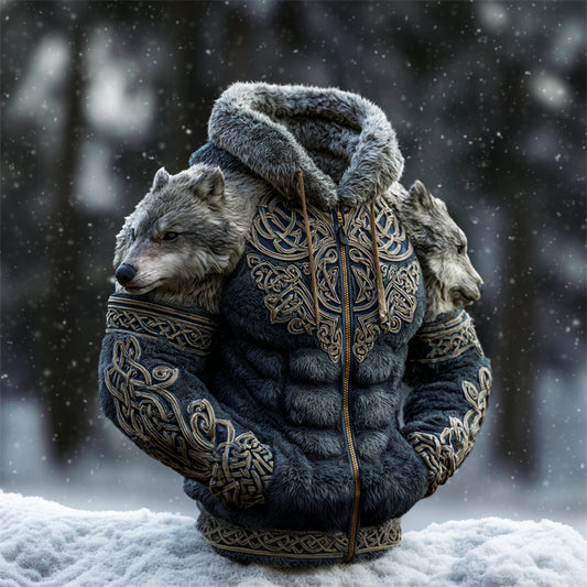 Men's Wolf Viking Celtic Contrast Muscle Cozy Plush Hoodie elevenforest