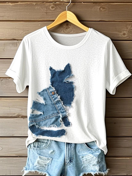 Women's Cute Cat Denim Patchwork Art T-shirt artswardrobe