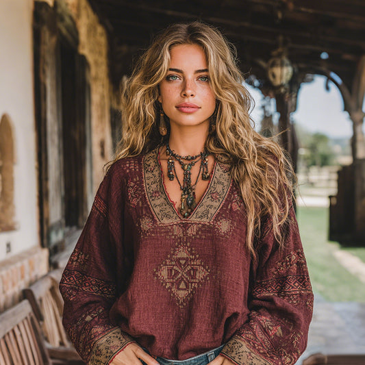 Women's Vacation Boho Tribal Ethnic Patterns Print V-neck Linen Blend Tops elevenforest