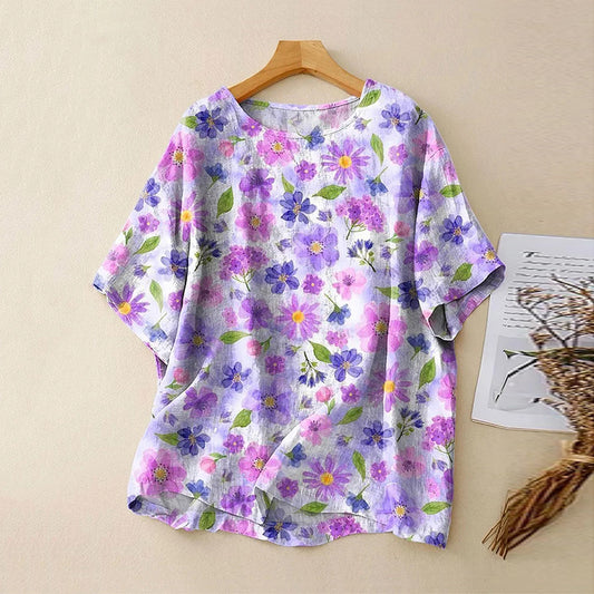 Women's Vintage Floral Print Casual Linen Crew Neck Shirt artswardrobe