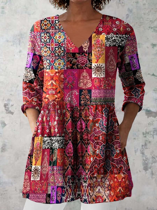 Women's Retro Floral Art Print Casual Cotton And Linen V-neck Top