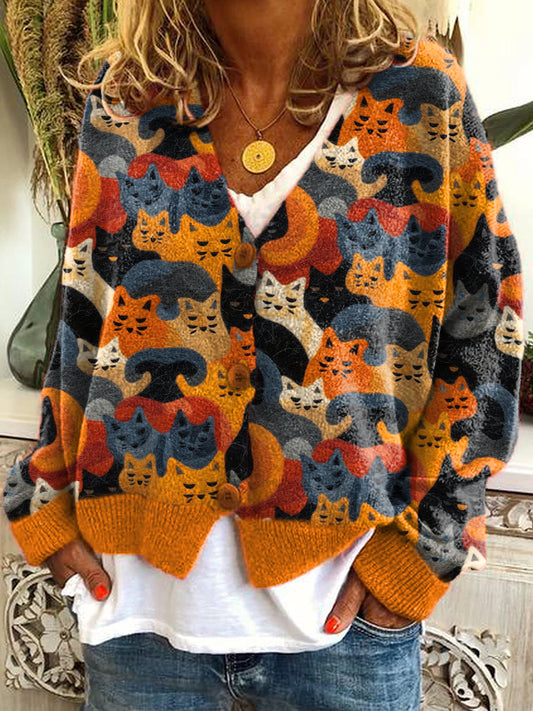 Comstylish Cute Cat Pattern Cozy Knit Cardigan