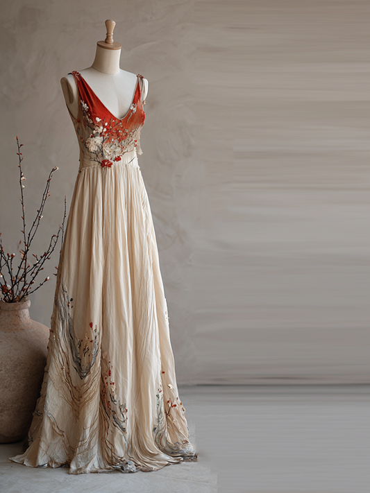 Comstylish Women's Vintage Cherry Blossom Embroidery Gradient Sleeveless Dress